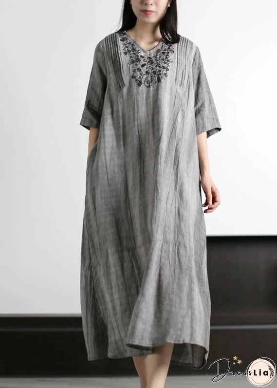 Italian Grey V Neck Embroideried Wrinkled Linen Long Dresses Half Sleeve