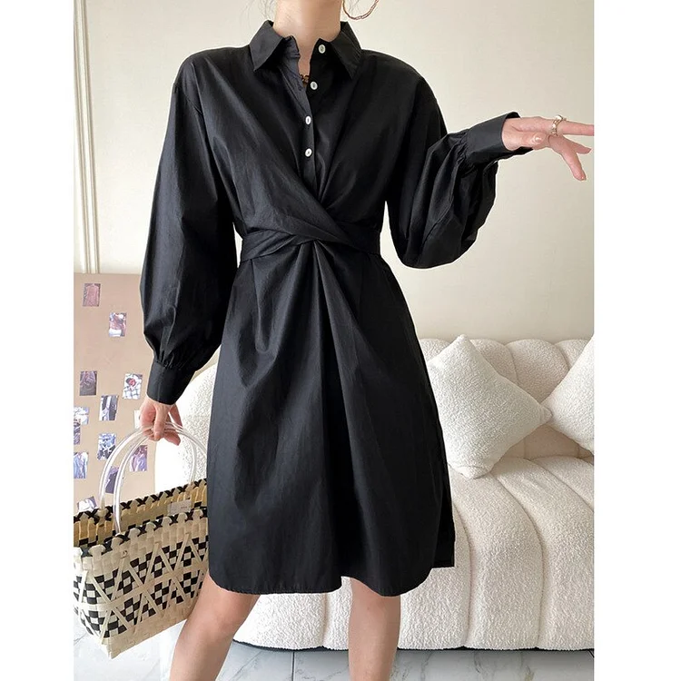 French Solid Color Lapel Twist Knot Long Sleeve Shirt Dress