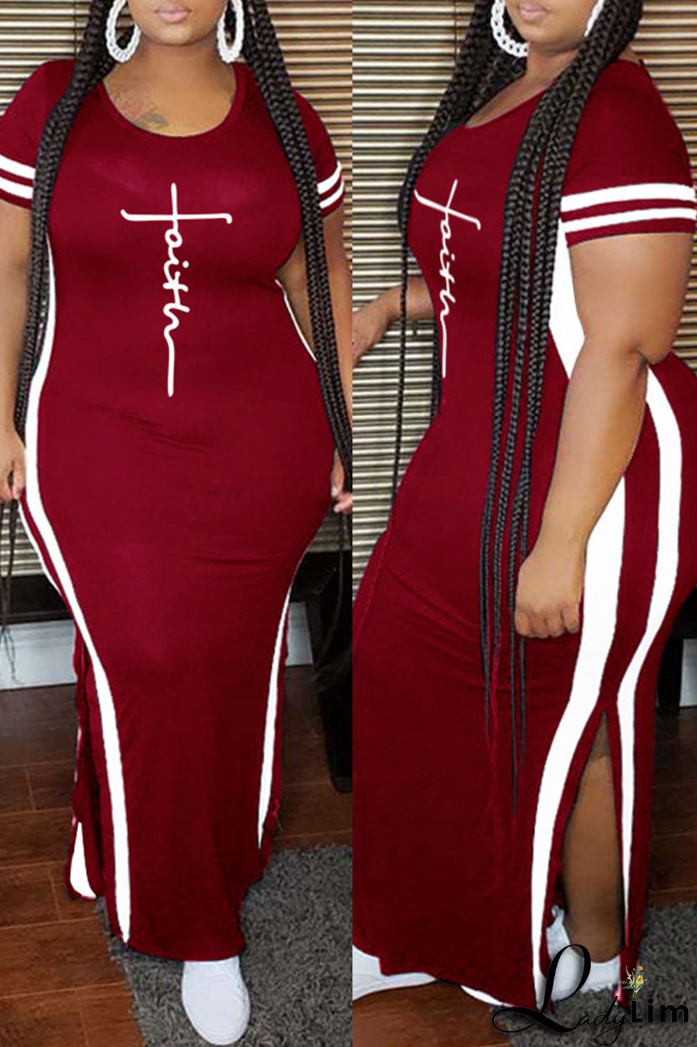 Tibetan Blue Fashion Casual Plus Size Print Slit O Neck Short Sleeve Dress