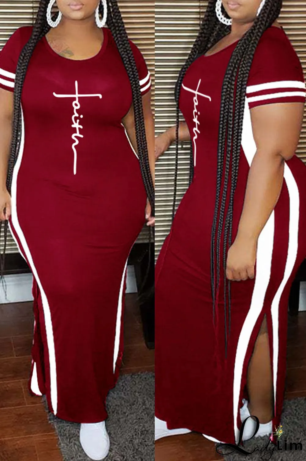 Tibetan Blue Fashion Casual Plus Size Print Slit O Neck Short Sleeve Dress