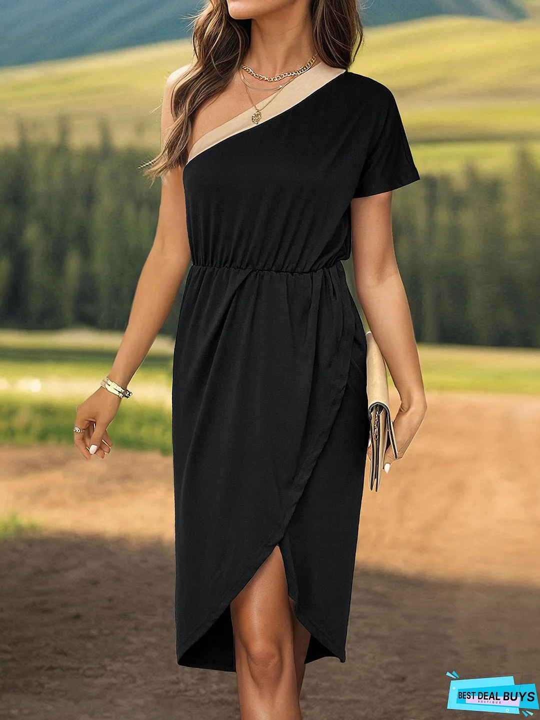 Slit Single Shoulder Short Sleeve Midi Dress