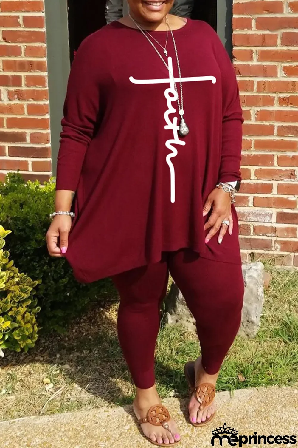 Grey Fashion Casual Print Basic O Neck Plus Size Two Pieces