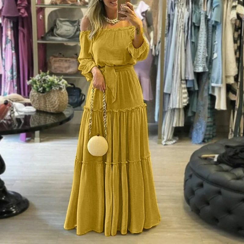 ZANZEA Elegant Off Shoulder Women's Dress Autumn Belted Ruffle Maxi Vestidos Casual Puff Sleeve Solid Beach Robe   7