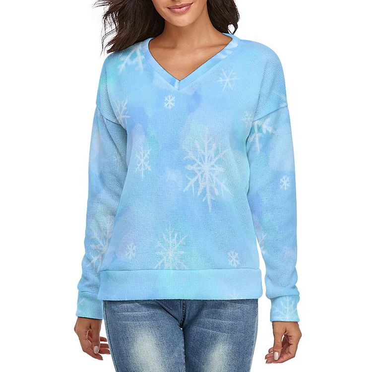 V-neck Sweater Blue Tie-dyed Snowflake customized, personalized, gift