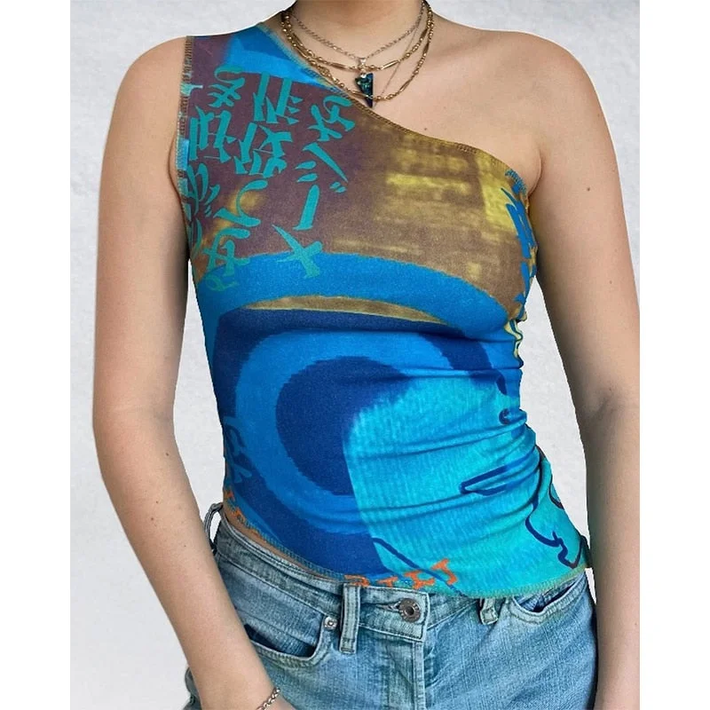 Rapcopter Printed Vintage y2k Corset Top Asymmetrical Grunge Crop Top Women Summer 90s Streetwear Chinese Style Camis Harajuku