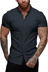 URRU Men's Muscle Dress Shirts Slim Fit Stretch Short Sleeve Casual Button Down Shirts for Men