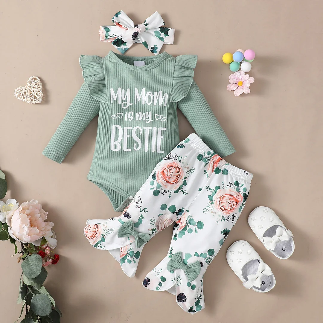 3PCS My Mom Is My Bestie Letter Floral Print Baby Set