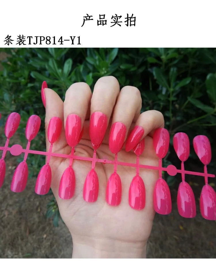 24pcs False Nails Full Cover Shine Long Round Head Pure Color Long Fingernail Coffin Fake Nails Tips 25 Colors Beauty Nail Tools