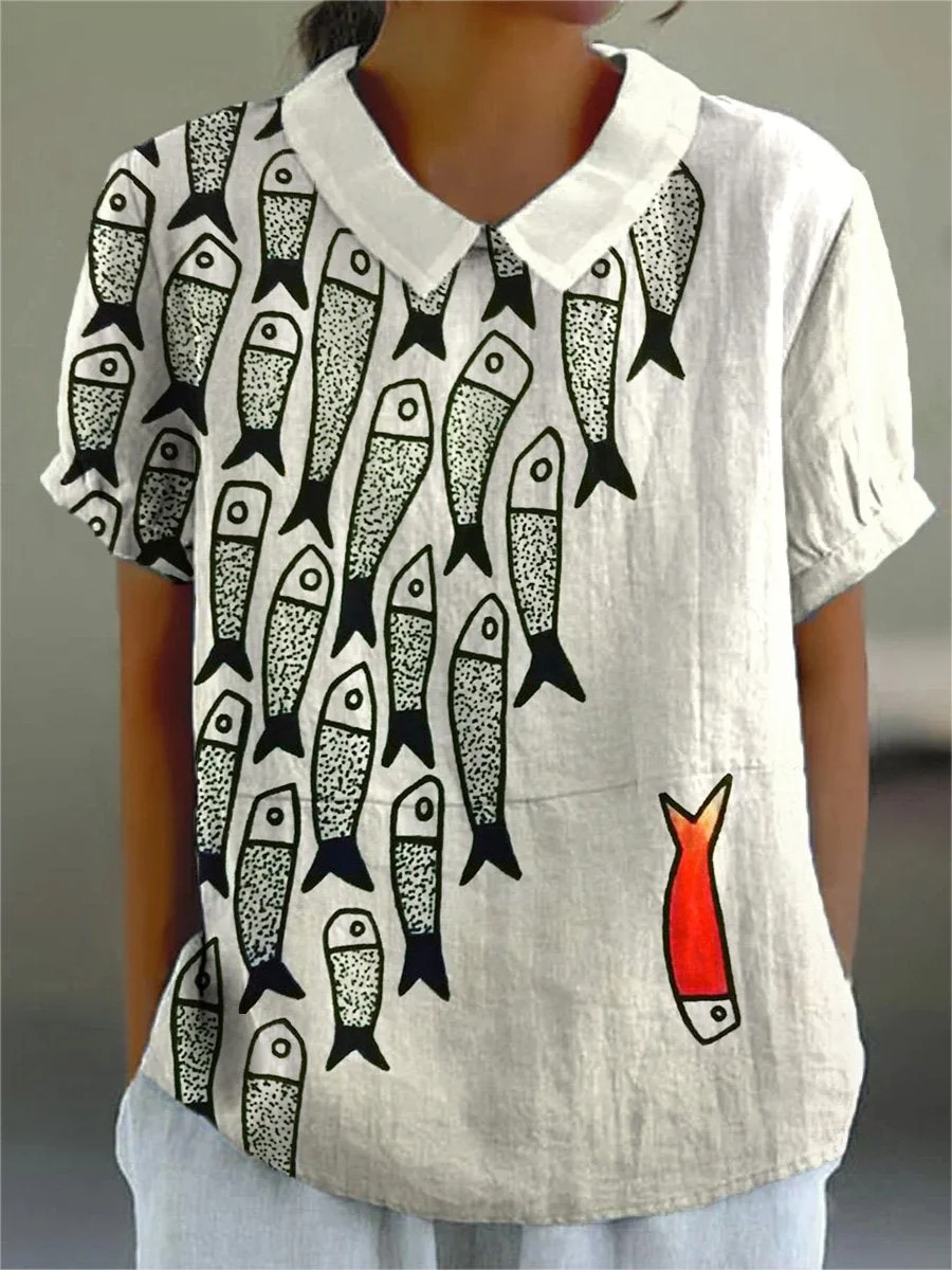 Be The Unique Fish Art Printed Women's Casual Cotton And Linen Shirt