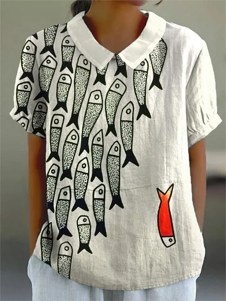 Be The Unique Fish Art Printed Women's Casual Cotton And Linen Shirt