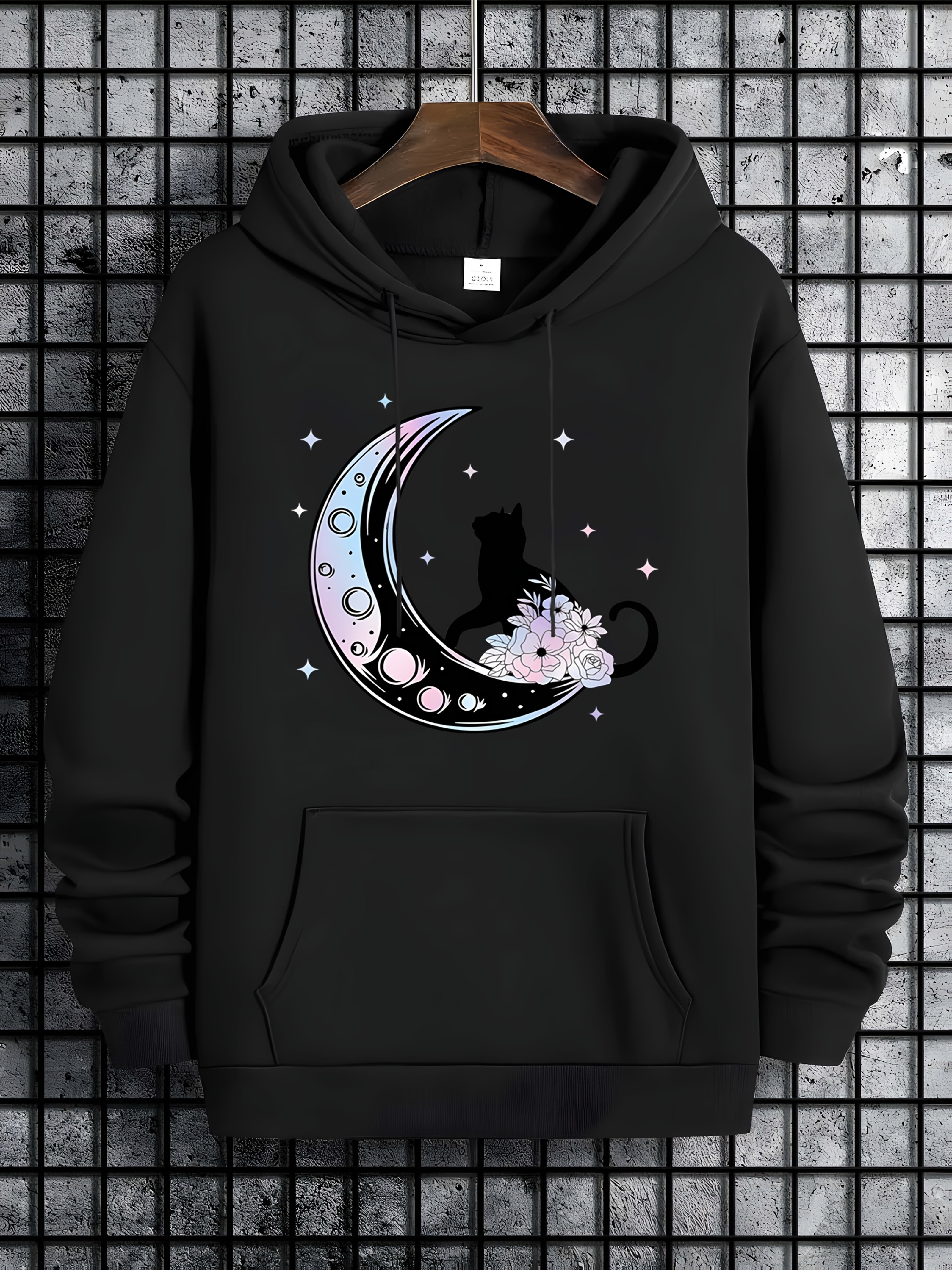 Women's Large Size Athletic Sweatshirt - Black Hoodie With Crescent Moon & Floral Cat Graphic - Heavyweight Pullover For Gym, Lounge, Casual Attire - Non-Stretch Fabric - Machine Washable Women's Clothing, Sweater For Working Out, Casual Clothing | IFYHOME
