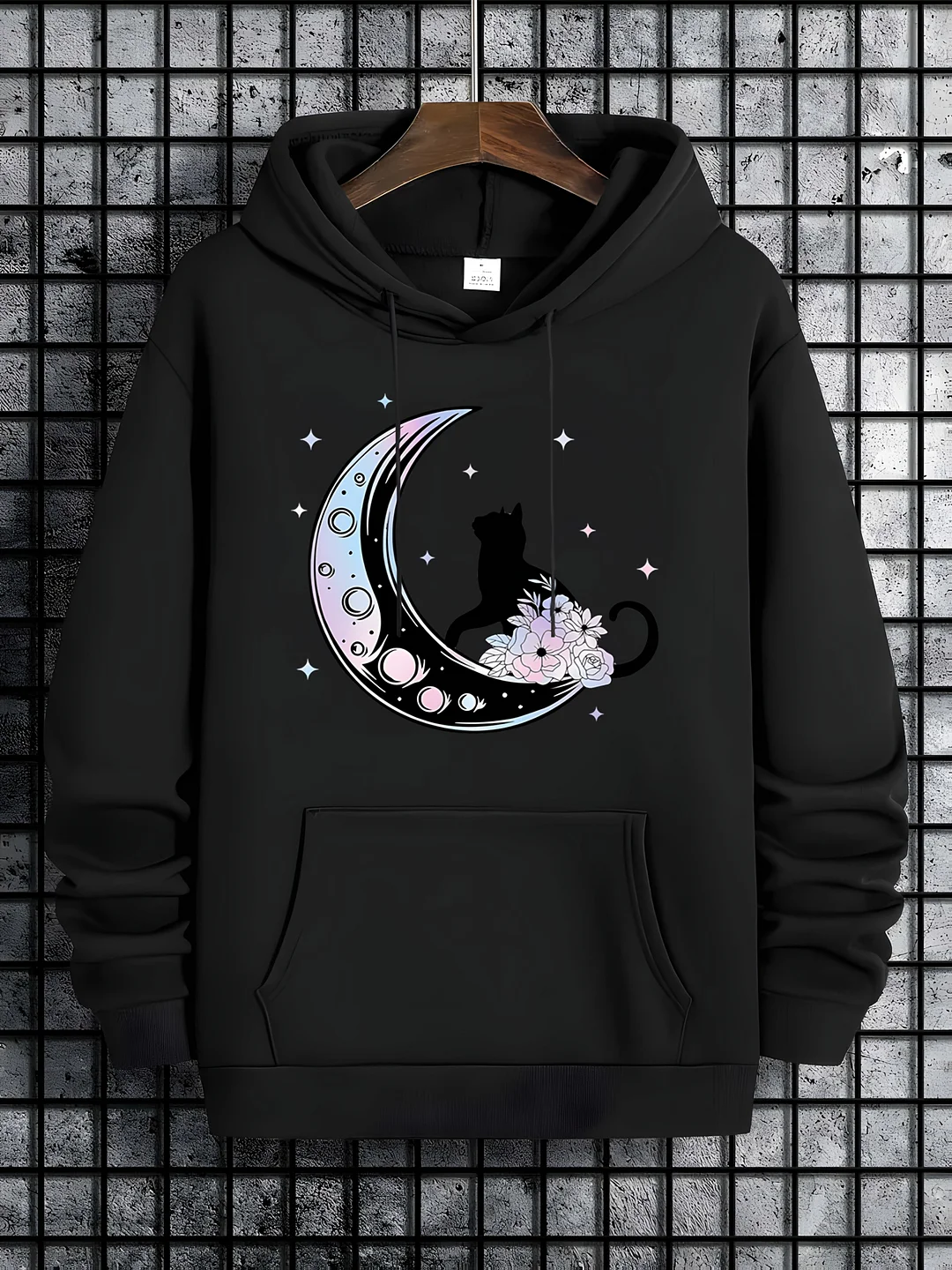 Women's Large Size Athletic Sweatshirt - Black Hoodie With Crescent Moon & Floral Cat Graphic - Heavyweight Pullover For Gym, Lounge, Casual Attire - Non-Stretch Fabric - Machine Washable Women's Clothing, Sweater For Working Out, Casual Clothing | IFYHOME