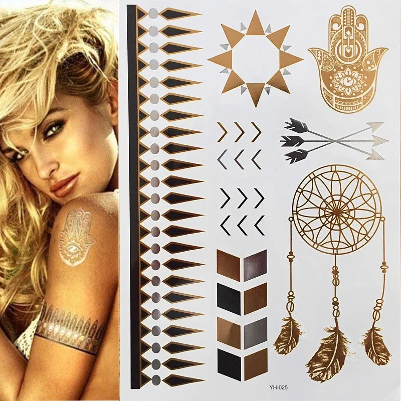 Hot Flash Metallic Waterproof Temporary Tattoo Gold Silver Tatoo Women Henna Boho Floral Design Tattoo Sticker
