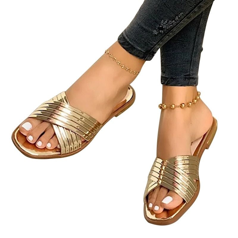 2021 Summer Women Slipper Flat Fashion Female Shoes Square Toe Flat Round Buckle Decoration Solid Flats Sandals  Beach Shoes