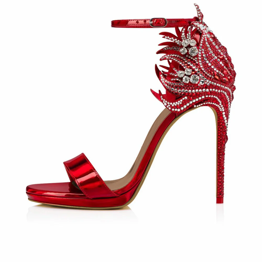 Red Ankle Strap Sandals Almond Toe Rhinestone Decorative Stiletto Heels Nicepairs