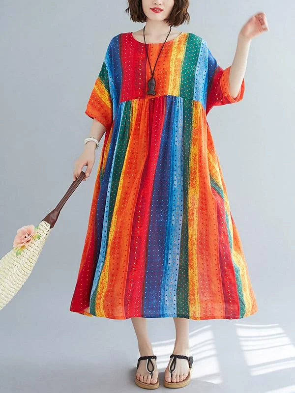 Striped Printed Loose A-Line Round-Neck Dress