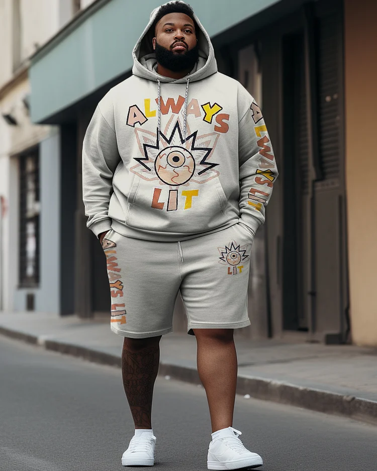 Men's Plus Size Hip Hop Always Eyes Lit Graffiti Hoodie Shorts Two Piece Set