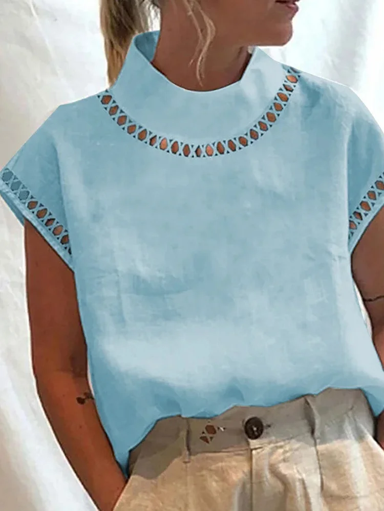 Casual Hollow Out High Neck Short Sleeve Blouse