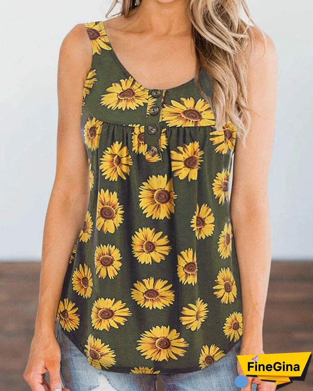 Plus Size Round Neck Button Decor Sunflower Print Tank Tops