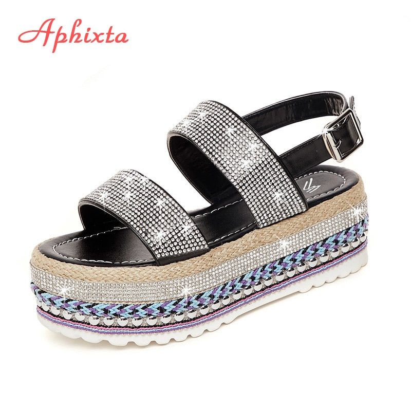 Aphixta 5cm Platform Sandals Sequins Fashion Women Wedge High Heels Shoes Open-Toed Buckle Summer Shoes Mixed Color Women Sandal