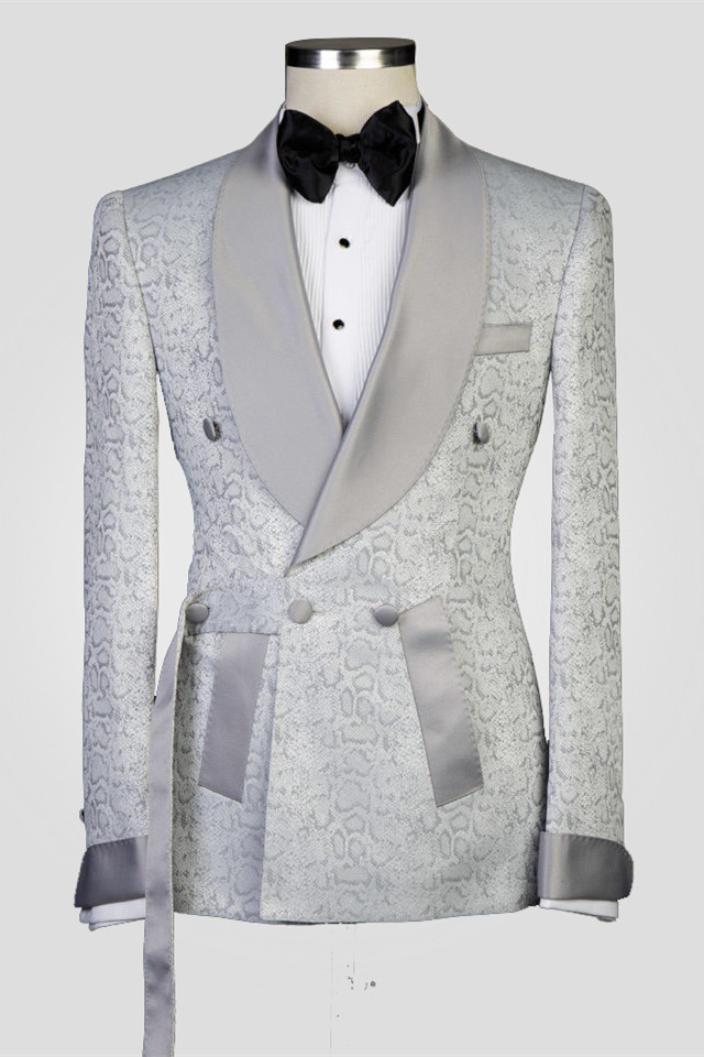 Bellasprom Silver Shawl Lapel Double Breasted Jacquard Wedding Suits Bellasprom