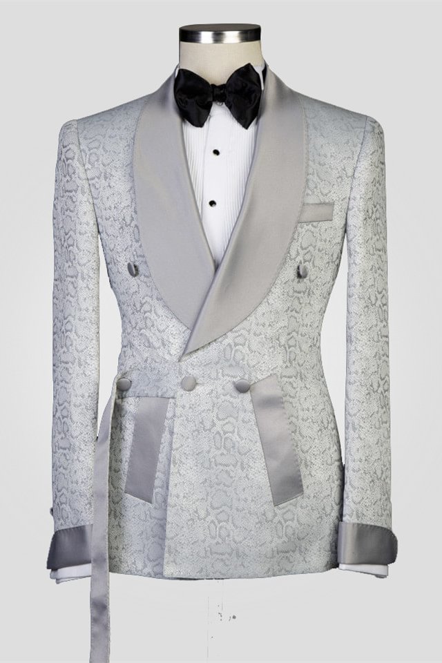 Jacquard Silver Shawl Lapel Double Breasted Wedding Suits | Ballbellas Ballbellas