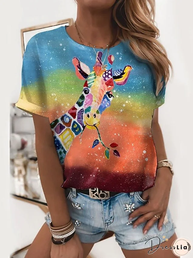T shirt Tee Green Graphic Giraffe Print Short Sleeve Daily Basic Round Neck Regular Painting S for Women