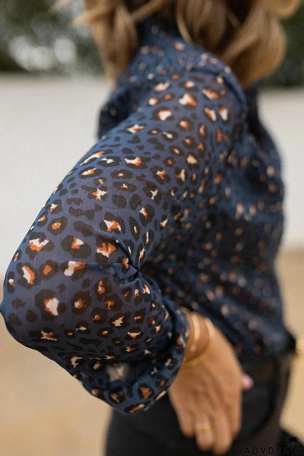 Blue Leopard Sheer Button Front Long Sleeve Shirt