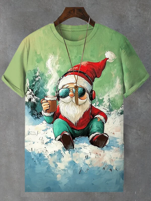 Men's Christmas Gnome Drinking Hot Coffee Art Print Casual T-Shirt