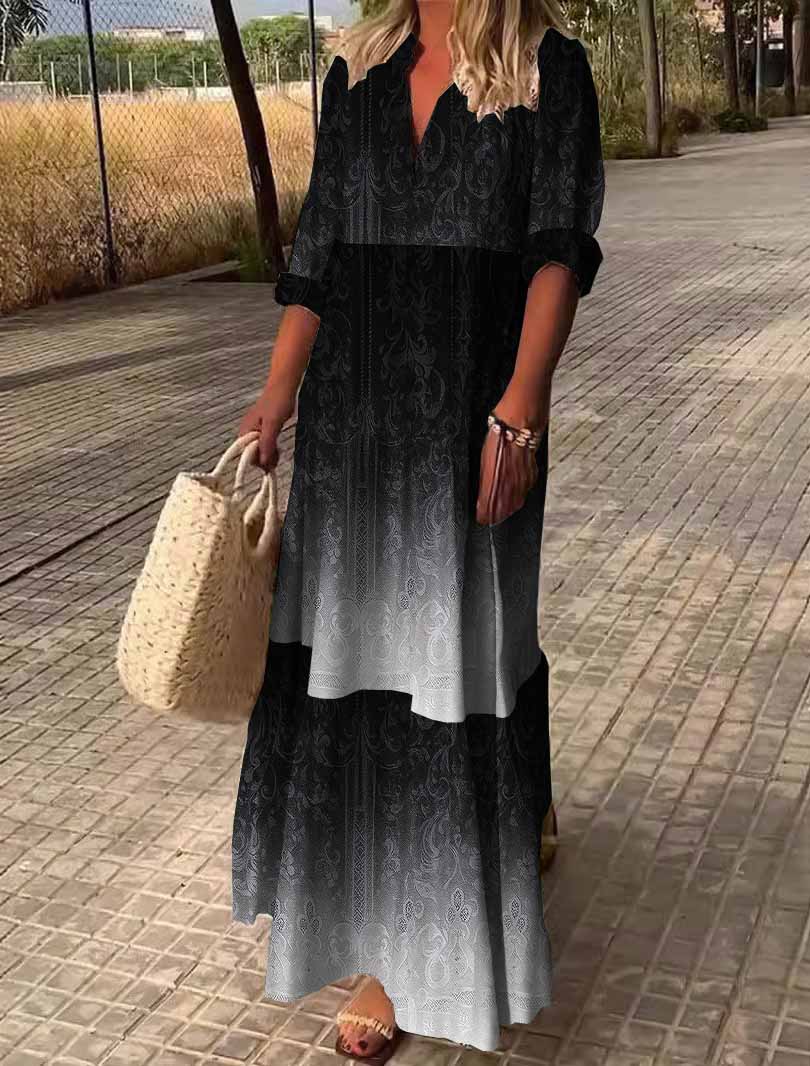 Women Gradient,Black,White DZDN0842 SPU Printed Long Sleeve V-neck Maxi Dress