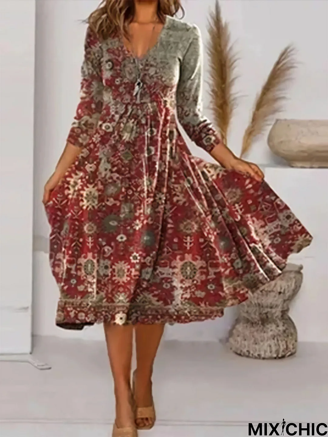 Loose Cotton-Blend Vintage Midi Dress
