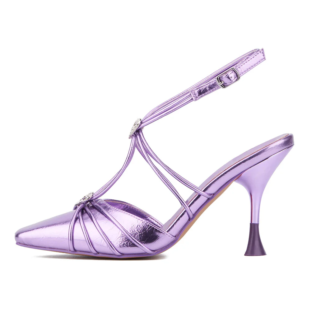 Metallic Purple Pointed Toe Buckled Flared High Heels for Women