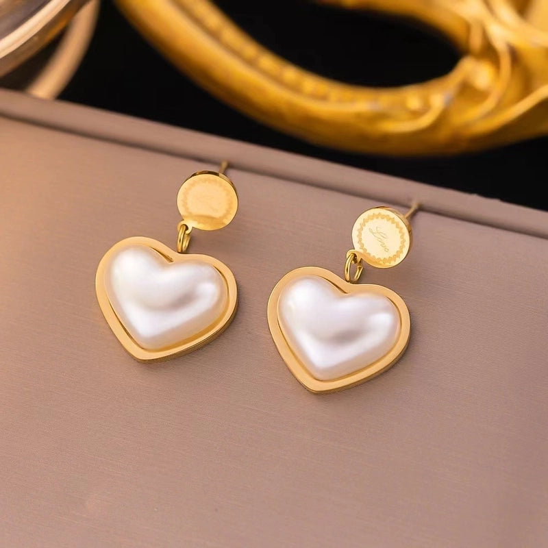 1 Pair Sweet Minimalist Heart Shape Bow Knot Shell Plating Titanium Steel Drop Earrings