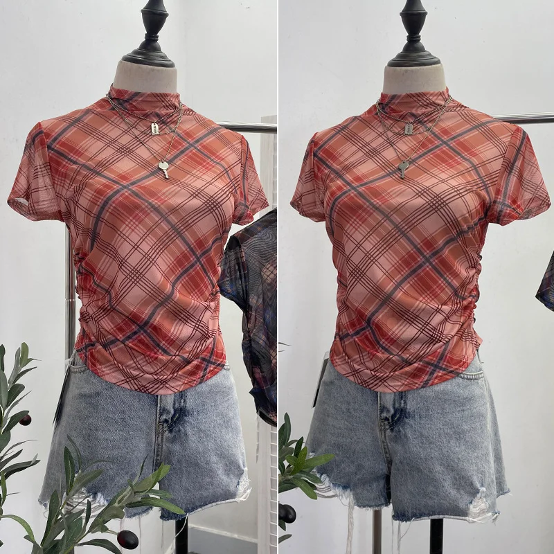 Churchf Real Shooting Sweet Cool Hottie Slim Slimming Vintage Lattice Short-Sleeved T-Shirt Small Neck Folding Thin Top 22892