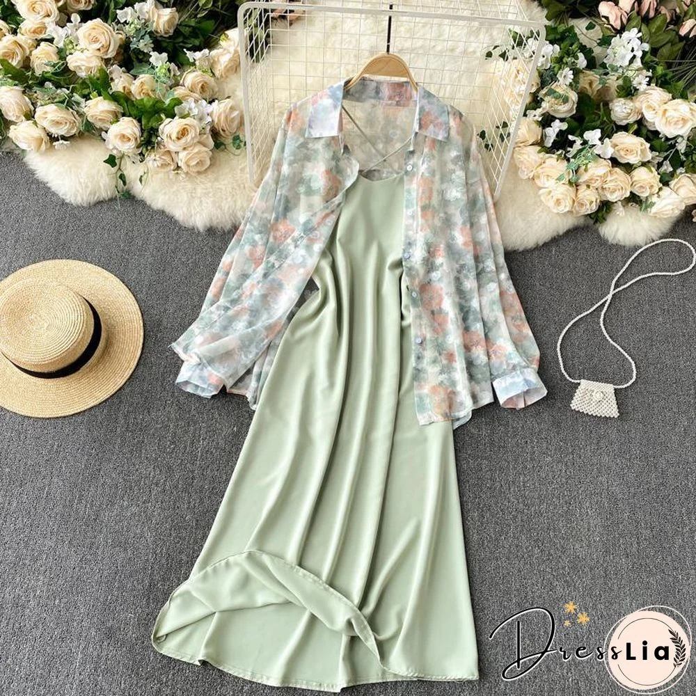 Casual Floral Cardigan +Cami Dress P10506