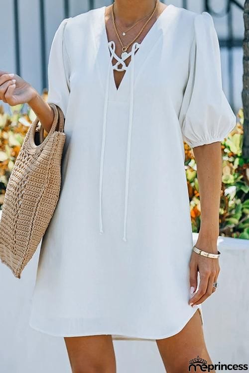 Solid Lace Up V Neck Puff Sleeve Mini Dress