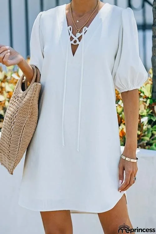 Solid Lace Up V Neck Puff Sleeve Mini Dress