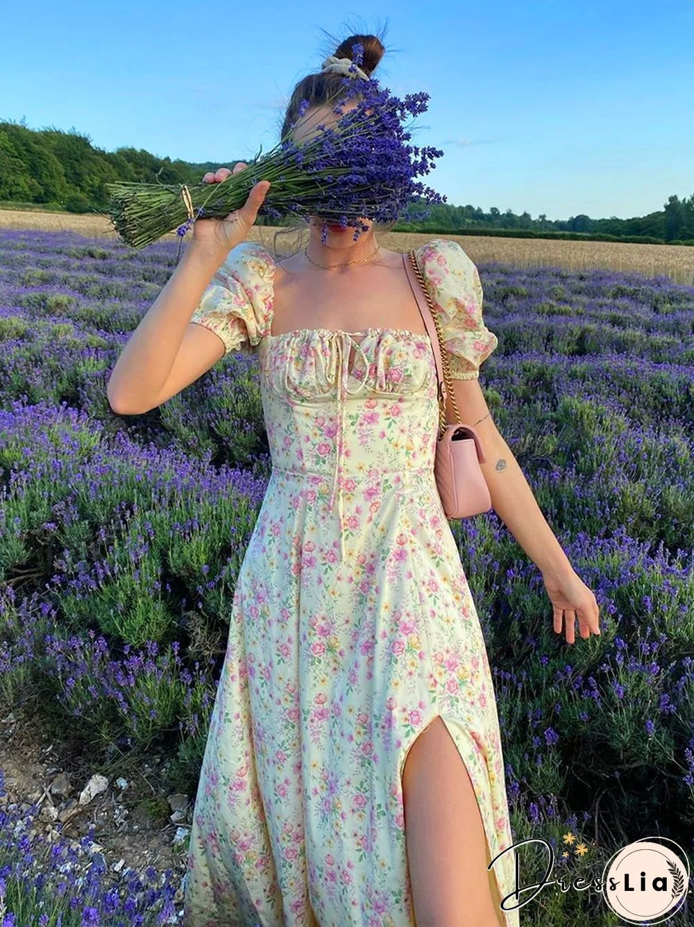 NewAsia Vintage Floral Dress Women Summer Square Collar Puff Sleeve Long Dress Sexy Off Shoulder Side Split A-line Dress