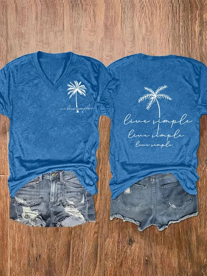 Women's Live Simple Coconut Tree Print V-Neck Casual T-Shirt socialshop