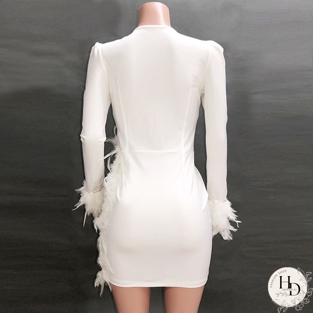 New Women Mesh Night Dress Inserted Embellished Party Dresses White Feather Mini Dress