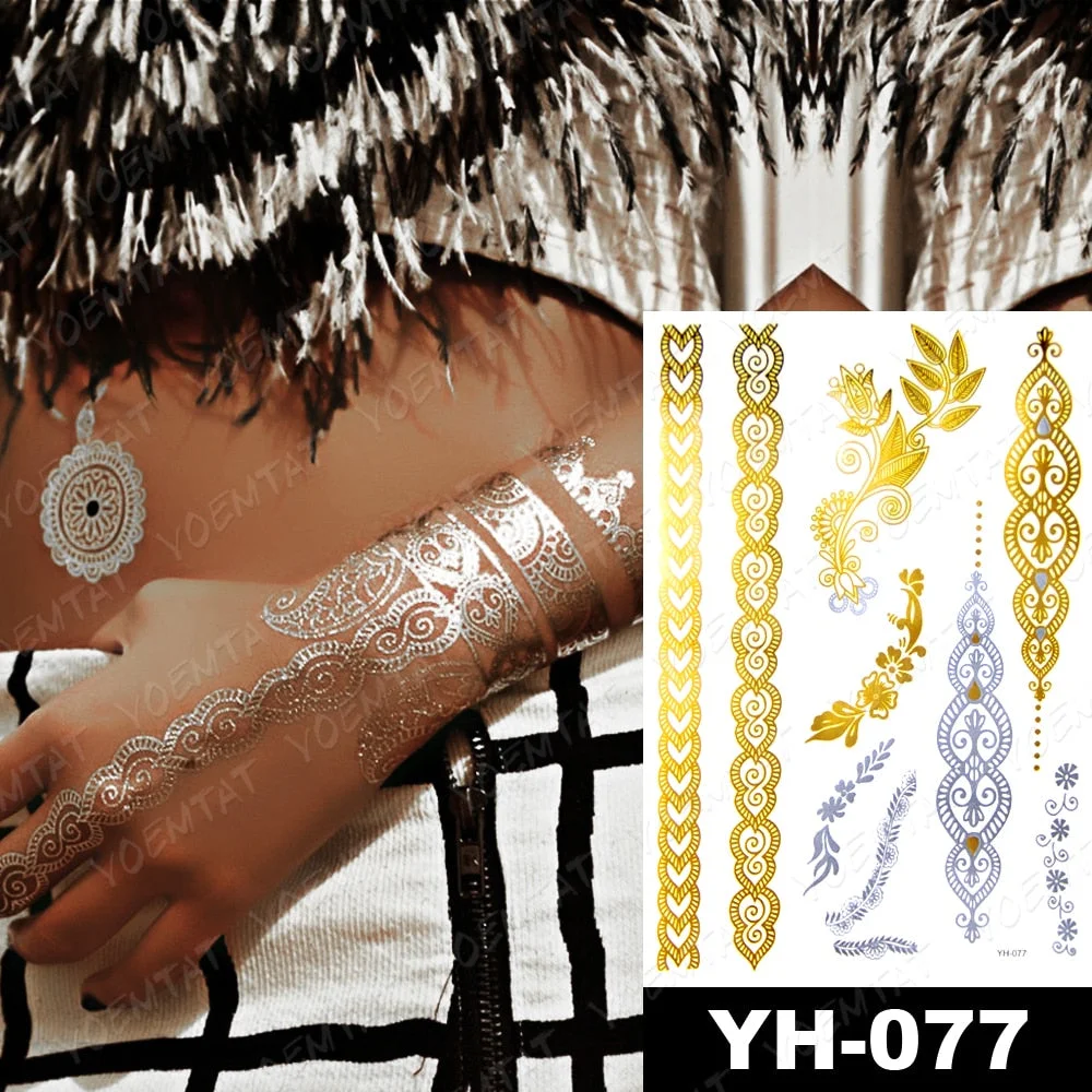 Waterproof Temporary Tattoo Sticker Gold Silver Henna Indian Hand Painted Glitter Tattoos Women Mandala Flower Feather Body Art