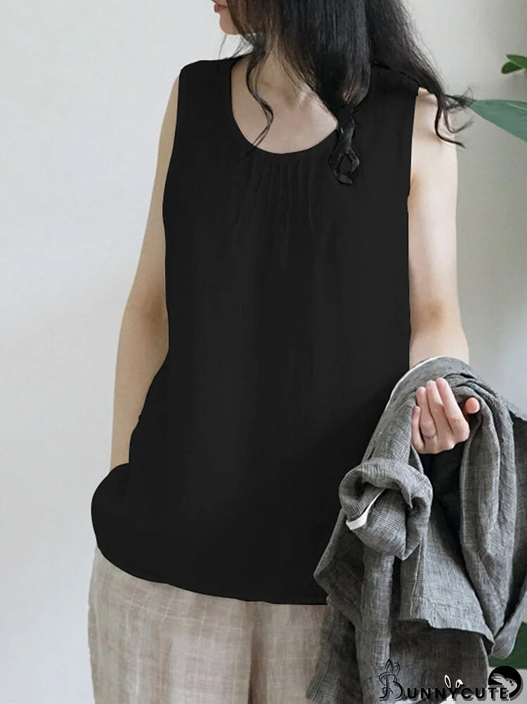 Women Pleated Splice Hem Cotton Sleeveless Tank Top