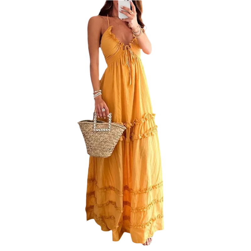 Krillerbot Lamuusaa Beach Dress Summer Women Solid Color Spaghetti Strap Sleeveless Backless Ruffle Long Dresses Holiday Party Dresses