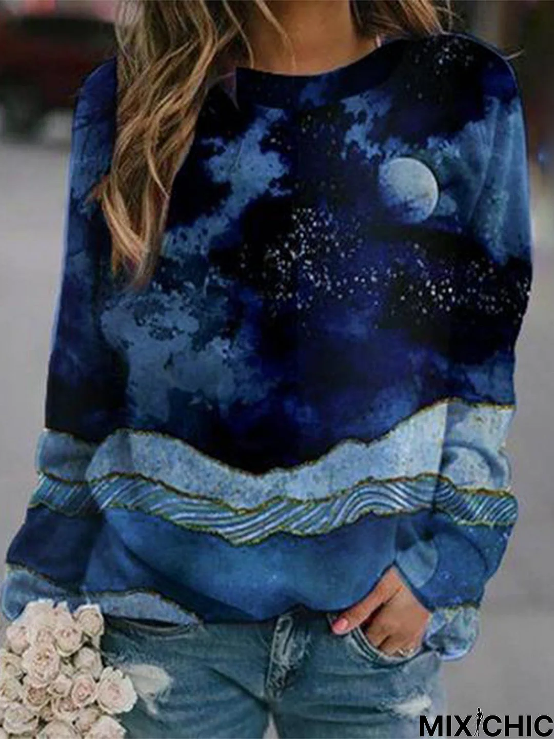 Vintage Multicolor Long Sleeve Crew Neck Statement Moon Night Printed Casual Top