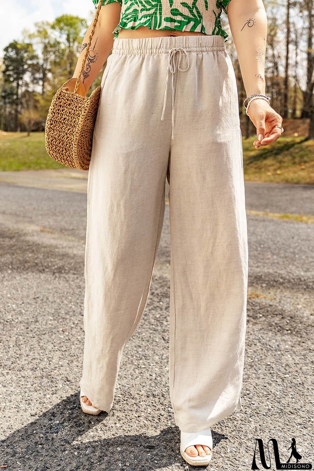 MidiSono - Drawstring Waist Straight Leg Pants