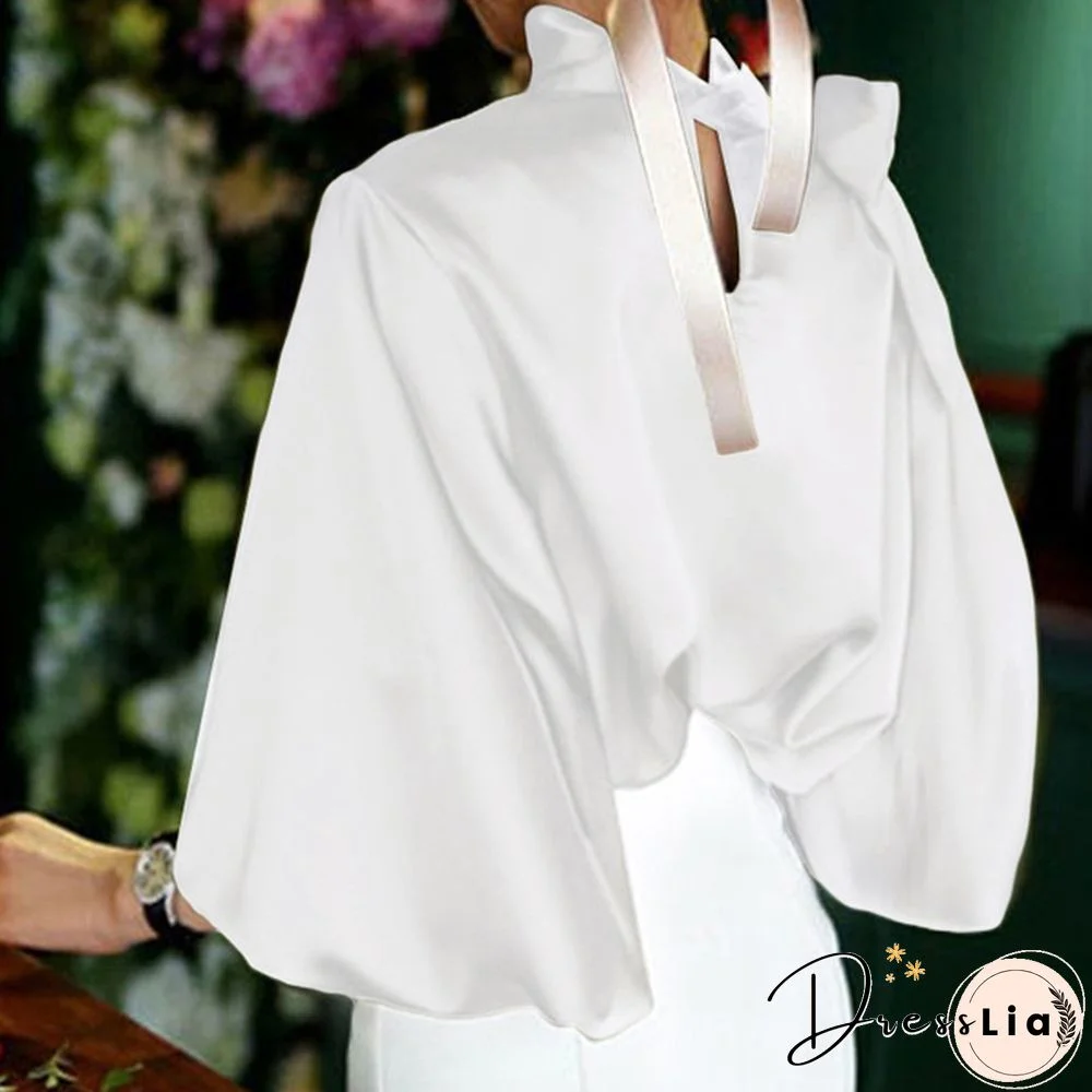 Fashion Elegant Women Blouse Casual High Collar Lantern Sleeve Blusas Bow Tops OL Office Lady Shirt Plus Size