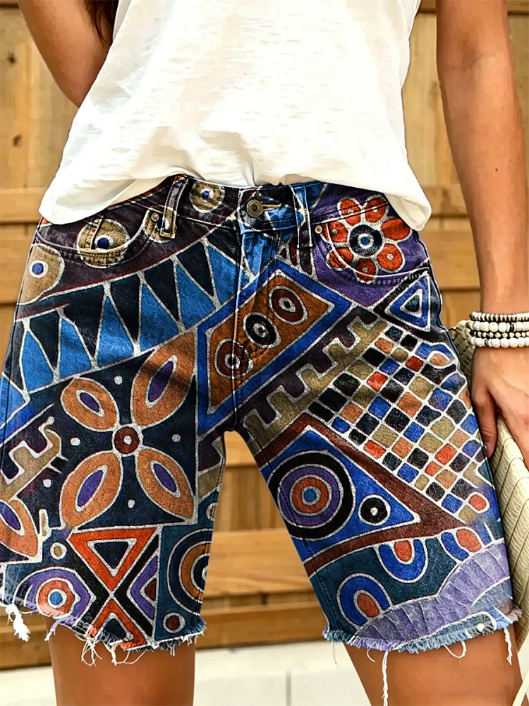 Women's Colorful Geometric Print Denim Shorts
