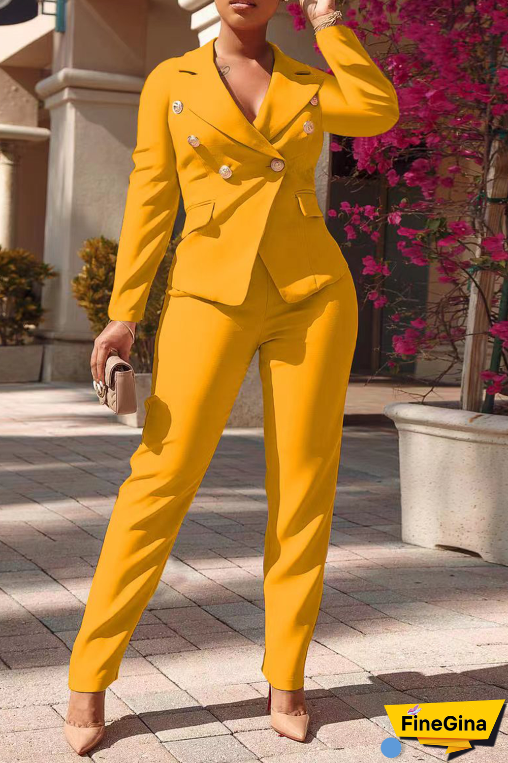 Pink Fashion Solid Buckle Turndown Collar Long Sleeve Two Pieces