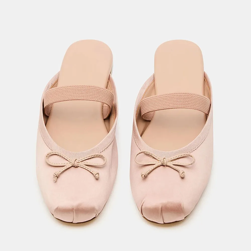 Pink Satin Closed Toe Bow Elastic Straps Slip On Mules Shoes