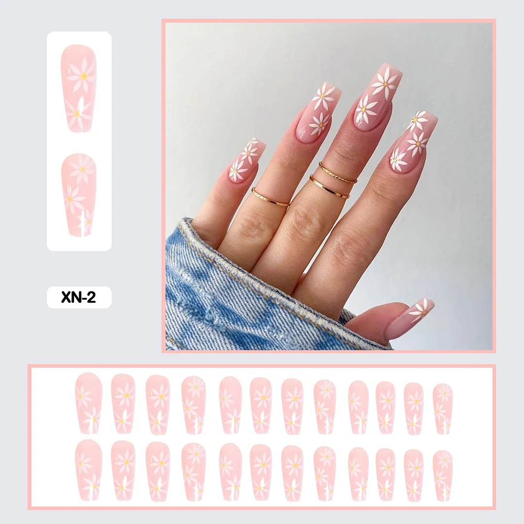 24pcs/box Press On False Nails Long Trapezoid Daisy Broken Flowers Wearable Fakse Nails With Glue and Wearing Tools As Gift-Nail Inspo
